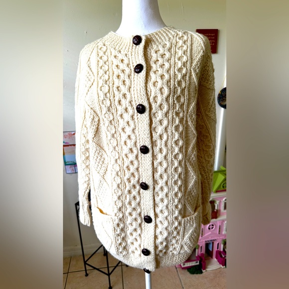 Bonner of Ireland Cream Hand Knit 100% Pure New Wool Cable Knit Chunky Cardigan - Picture 8 of 8